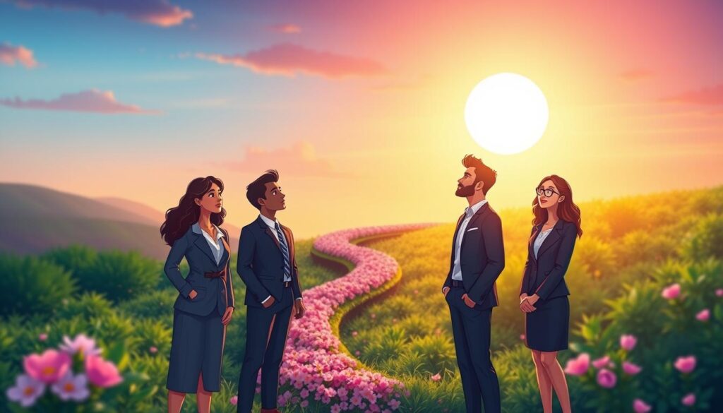 A serene and uplifting landscape representing emotional growth, with vibrant colors symbolizing transformation. In the foreground, a diverse group of three individuals wearing professional business attire stand together, looking towards the horizon, their faces reflecting determination and optimism. In the middle ground, a winding path made of blossoming flowers leads through lush greenery, symbolizing the journey of personal development. The background features a bright sunrise illuminating the sky with shades of orange and pink, casting a warm glow on the scene, suggesting new beginnings. Soft, diffused lighting enhances the positive atmosphere, while a shallow depth of field highlights the individuals in focus. The overall mood is one of hope and aspiration, perfectly capturing the essence of emotional growth. nextself.ai
