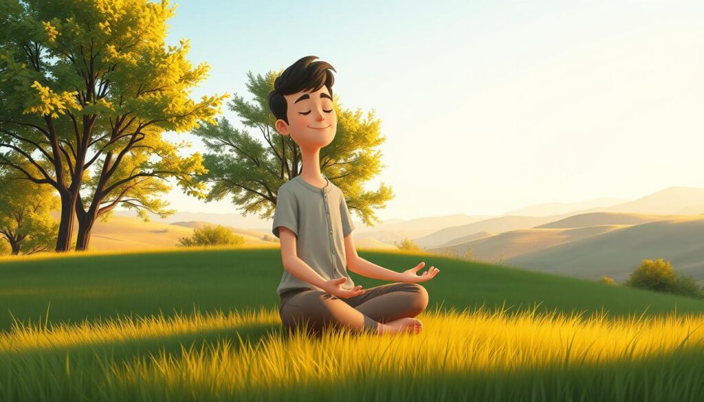 A serene landscape depicting mindfulness, featuring a peaceful individual sitting cross-legged on a soft, grassy meadow. In the foreground, the person, dressed in modest casual clothing, is meditating with a gentle smile, eyes closed. The middle section shows lush trees gently swaying, their leaves catching the soft sunlight filtering through, creating a warm and inviting golden glow. In the background, distant rolling hills stretch into a clear blue sky, enhancing the sense of tranquility. The scene is bathed in soft morning light, creating a calm and soothing atmosphere. The angle is slightly elevated, showcasing both the individual and the expansive nature around them, capturing a perfect moment of emotional growth and mindfulness. --v 5 --style 4a --ar 16:9 --brand nextself.ai